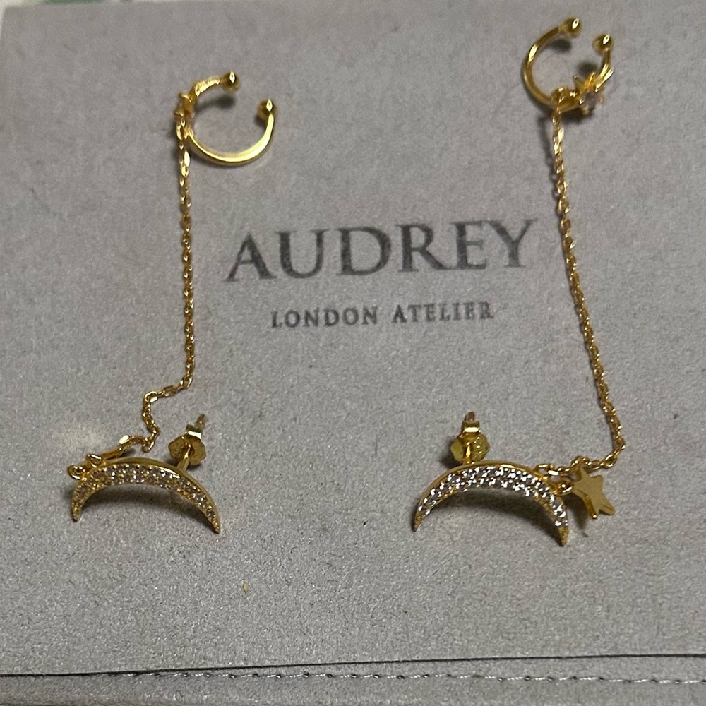 Audrey Sterling Silver 18k Gold Plated Moon Earrings With Chain Star Ear Cuff